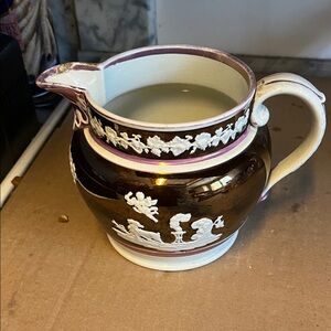 Elegant Brown  Purple and Cream Ceramic Pitcher , as found
